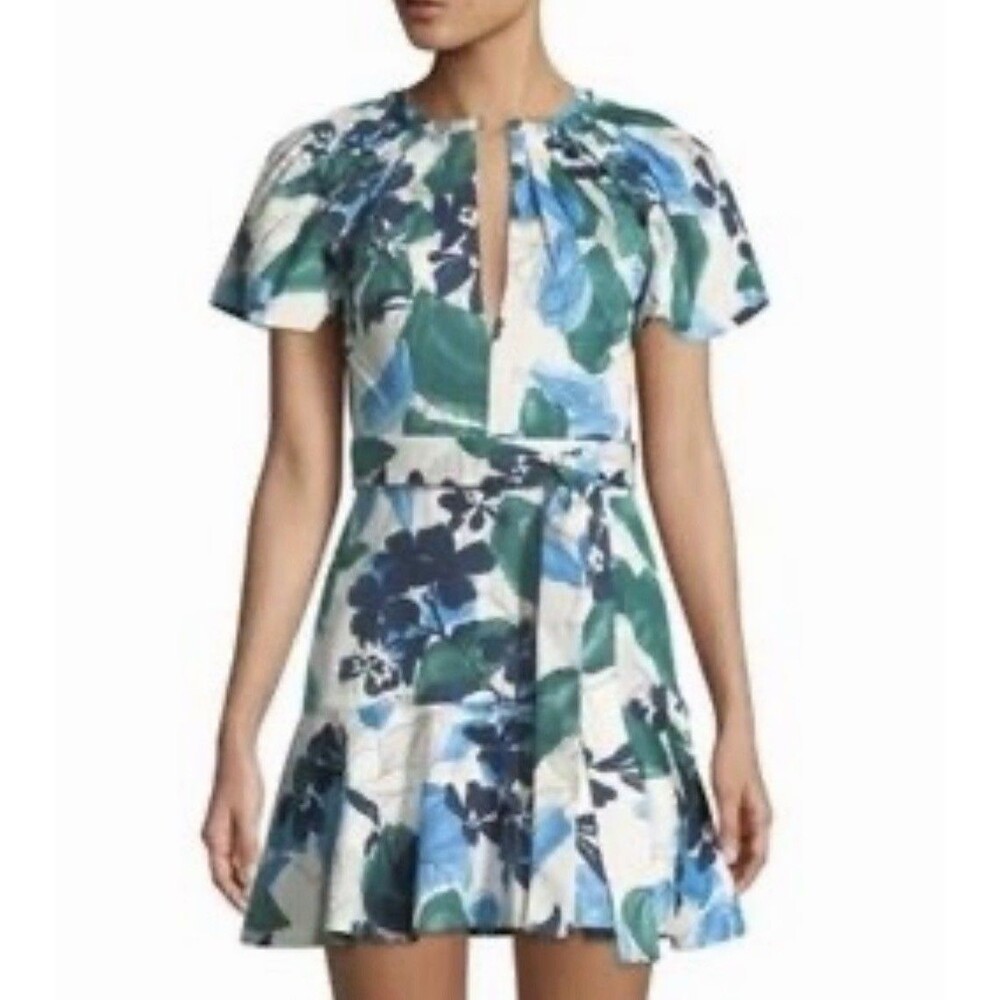 Alexis Dress Sz L Blue Green Floral Cotton Fit Flare Tropical Short Dress Resort